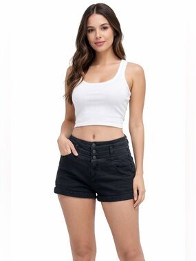 celebrity pink black high wasted three button denim cuffed shorts